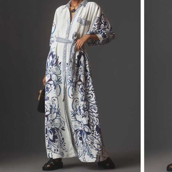 Anthropologie Dresses & Skirts - Maeve Linen Button Front Belted maxi Shirt Dress blue billow Style Great Reviews